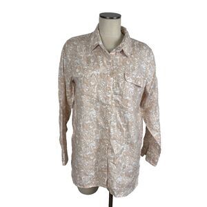 Lands' End Womens Large Floral 100% Linen Shirt Button Up Top Beige White